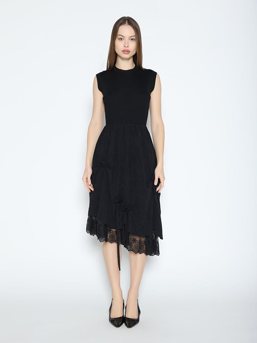 Knit Top Asymmetrical Lace Hem Dress-0