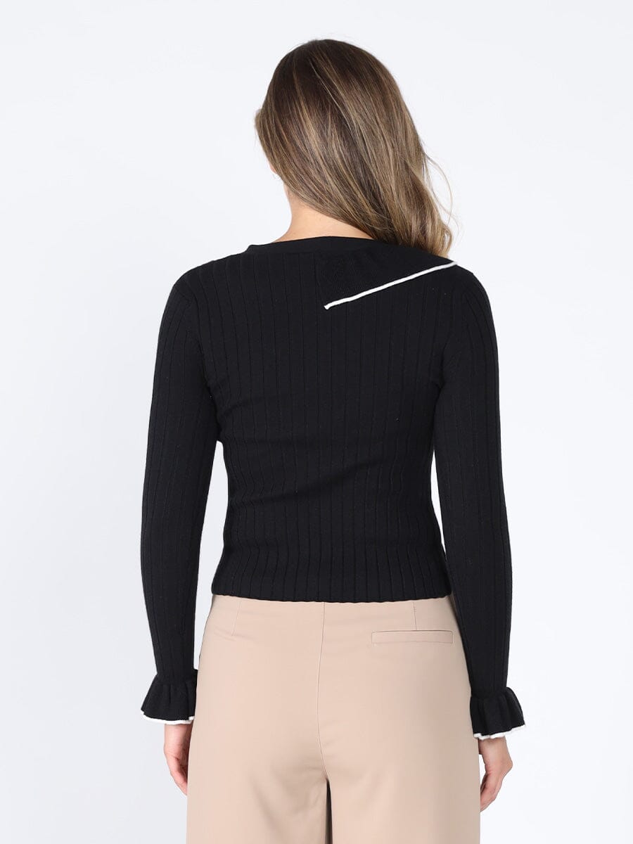 Knitted ruffle v-neck top