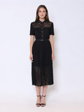 Lace Floral Button Front Mock Neck Belted Dress
