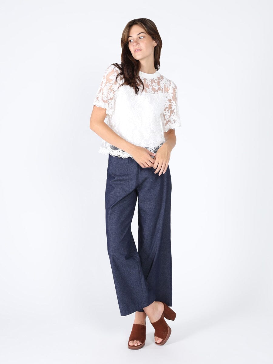 Lace Work Crew Neck Scallop Hem Top