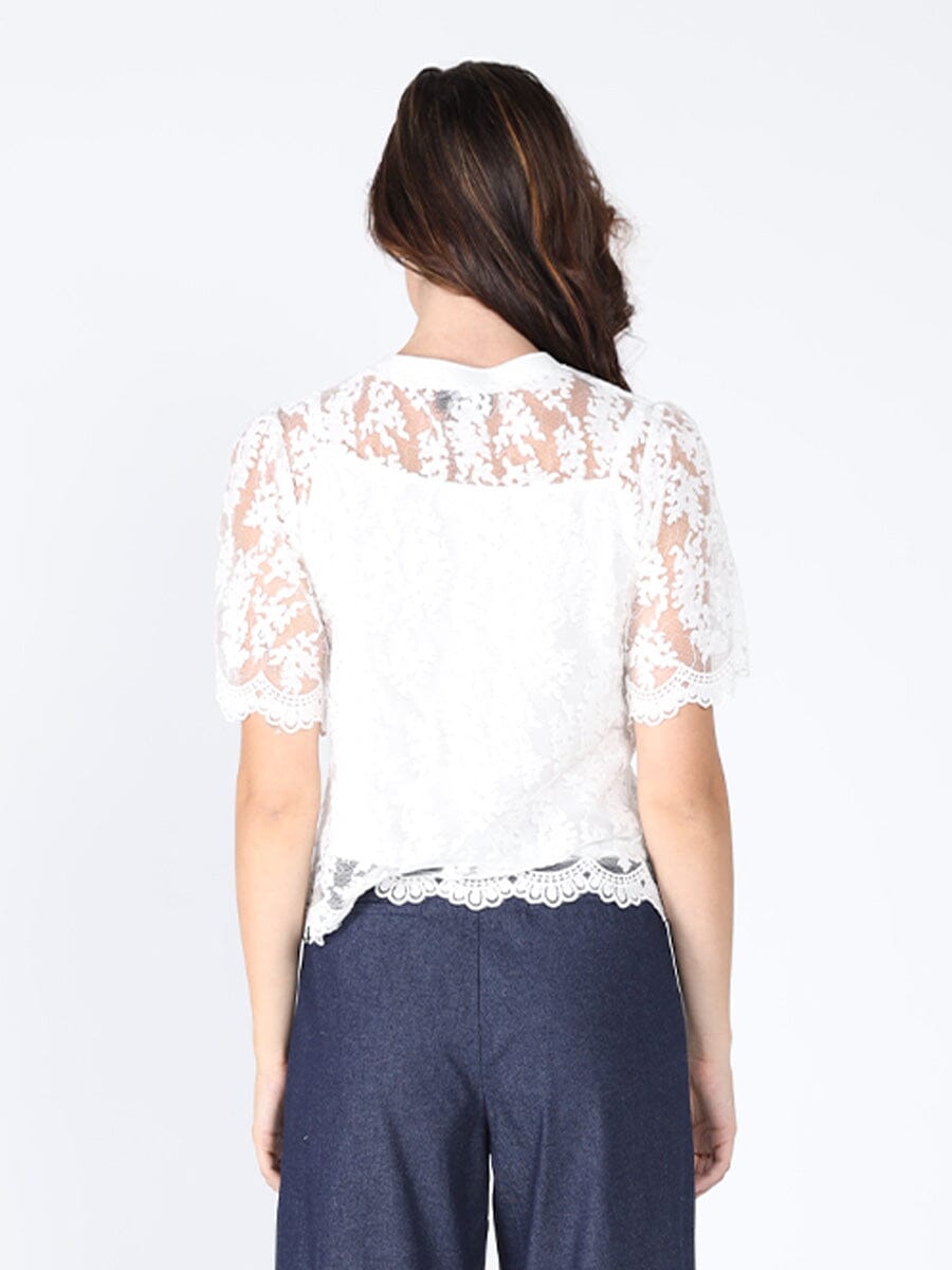 Lace Work Crew Neck Scallop Hem Top
