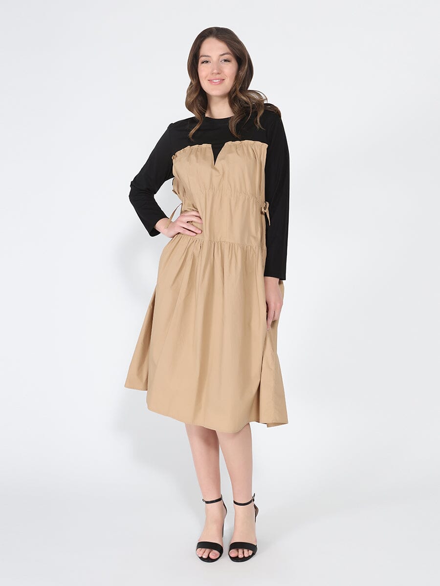 Long Sleeve Two Material Smocked Gathered Dress