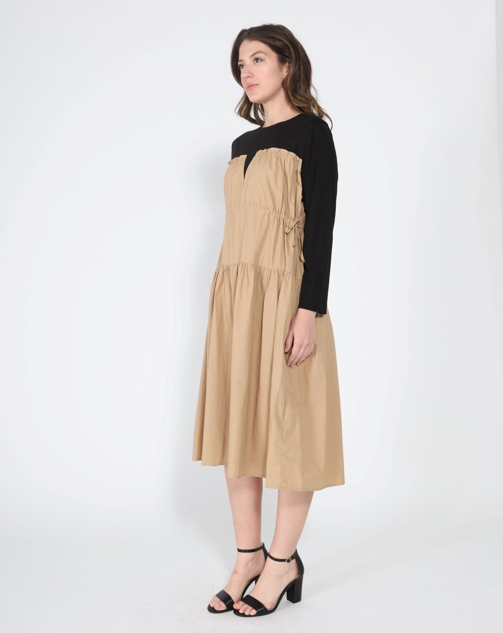 Long Sleeve Two Material Smocked Gathered Dress