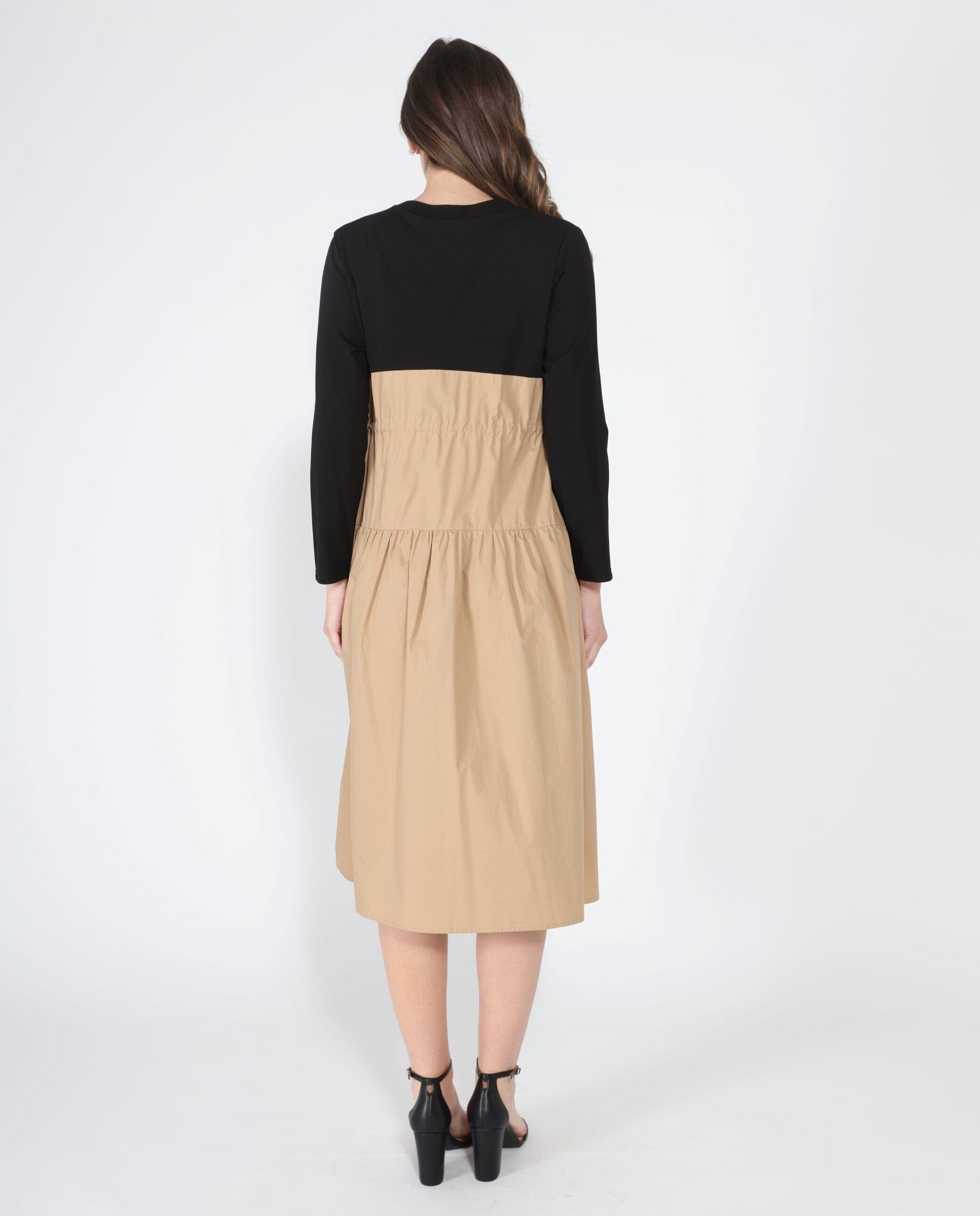 Long Sleeve Two Material Smocked Gathered Dress