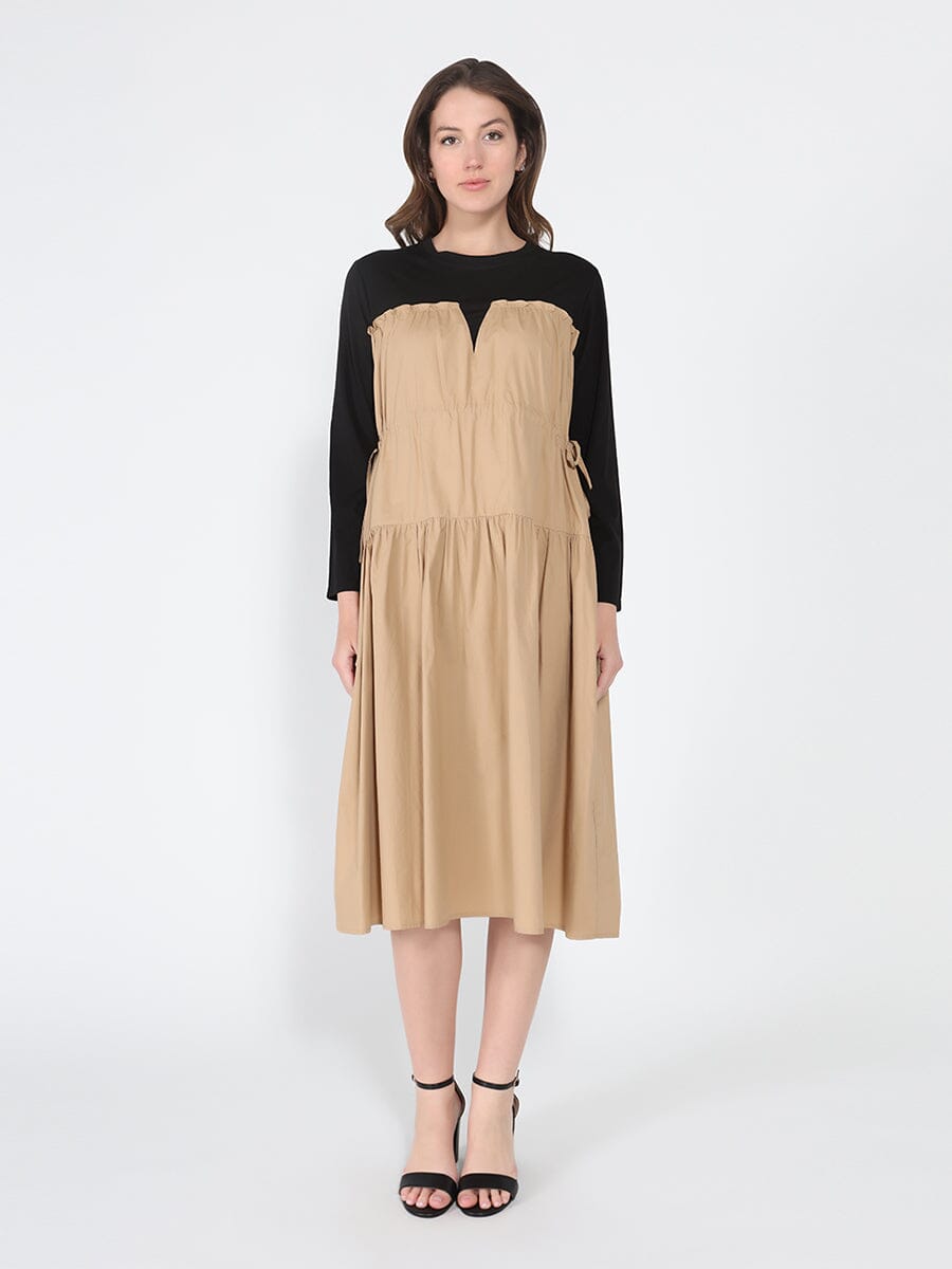 Long Sleeve Two Material Smocked Gathered Dress