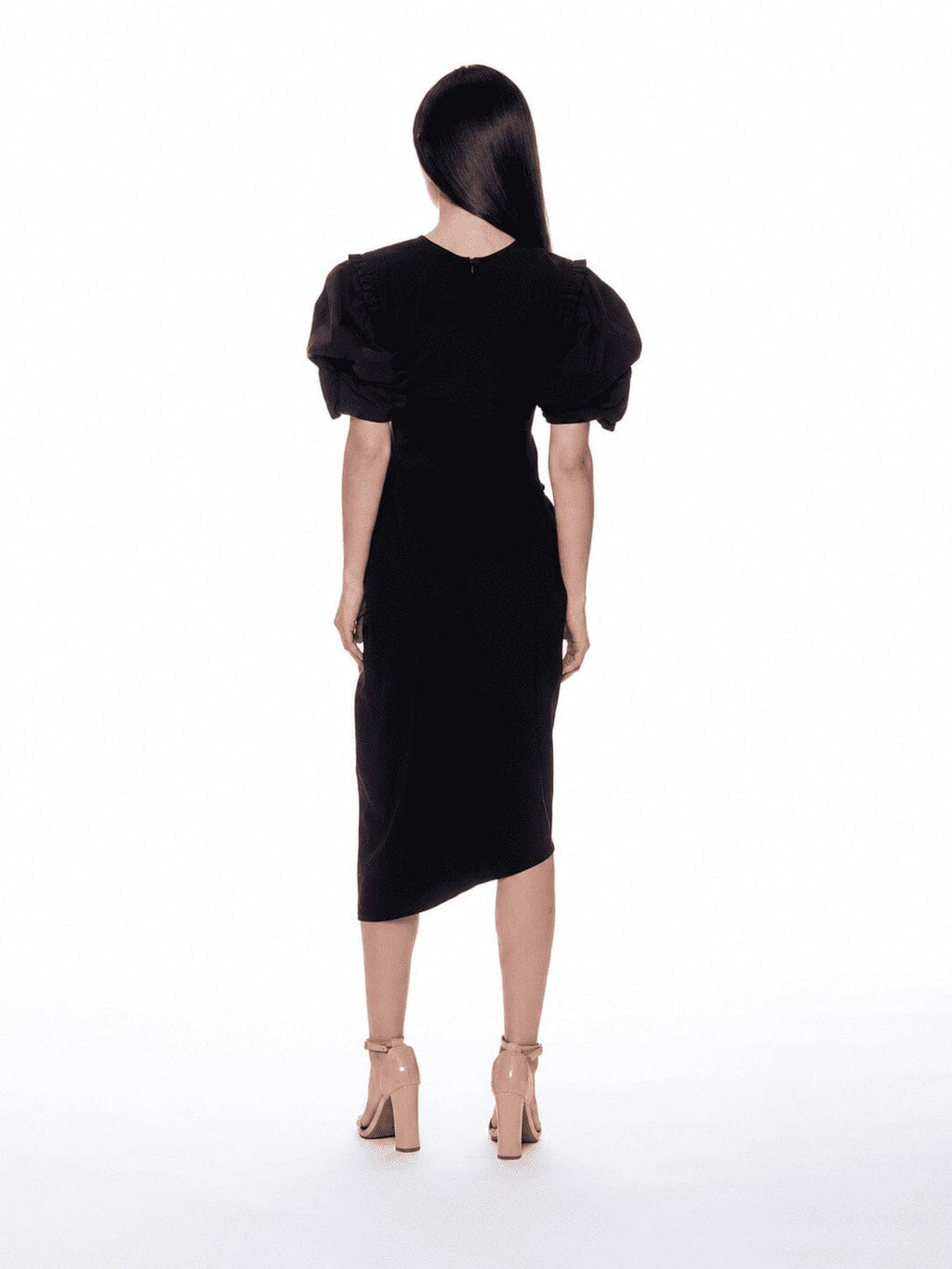 Puff Sleeve Ruched Pocketed Asymmetric Hem Dress