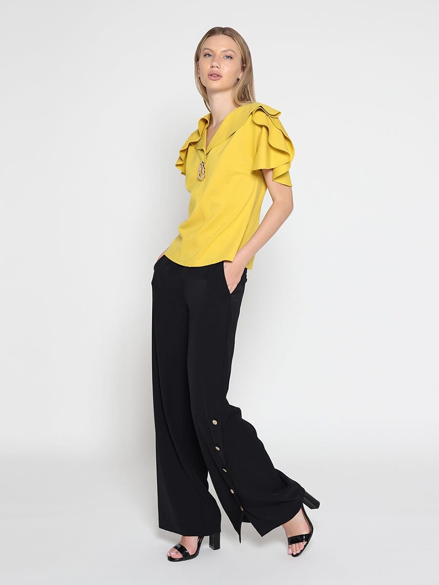 Ruffled neck & sleeve brooch detail solid top-1