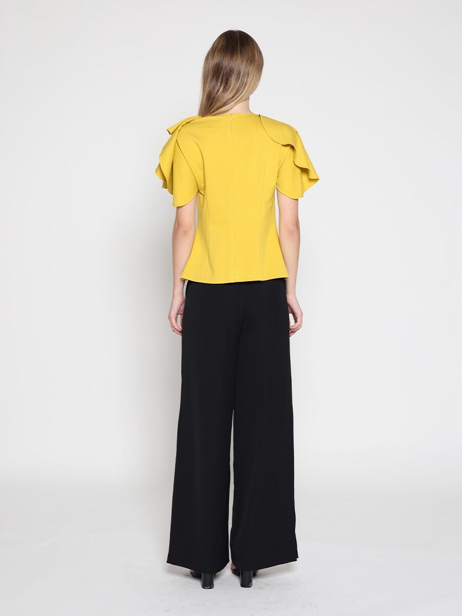 Ruffled neck & sleeve brooch detail solid top-3