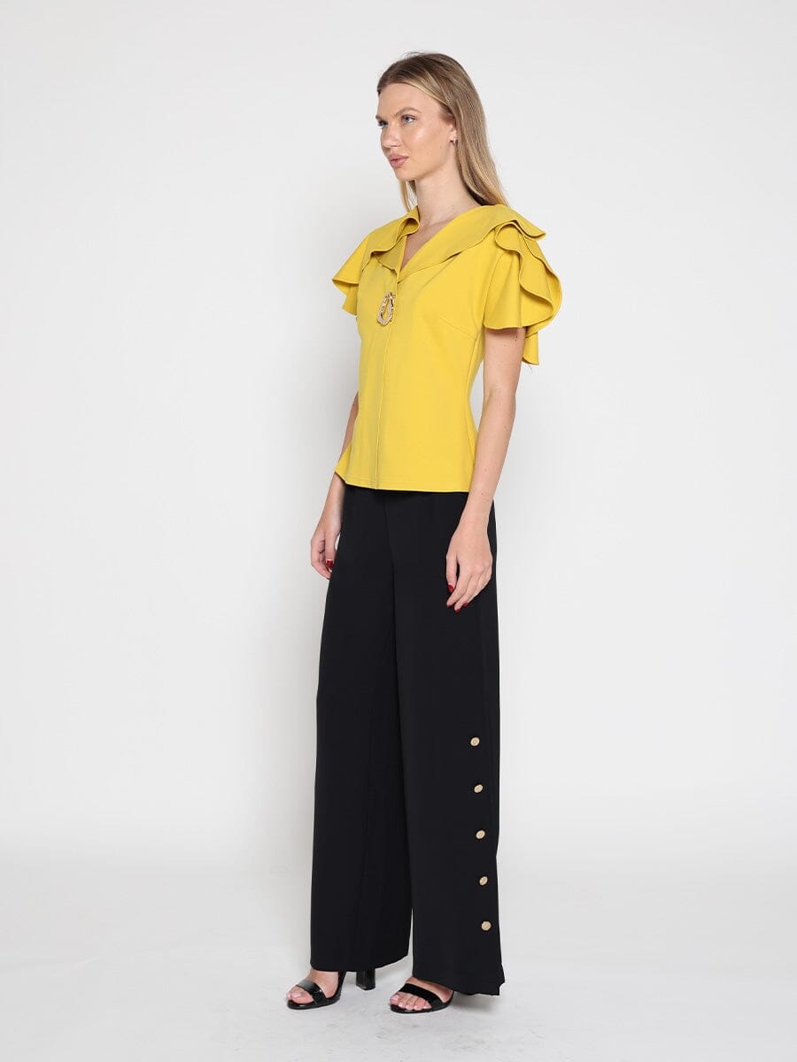 Ruffled neck & sleeve brooch detail solid top-2