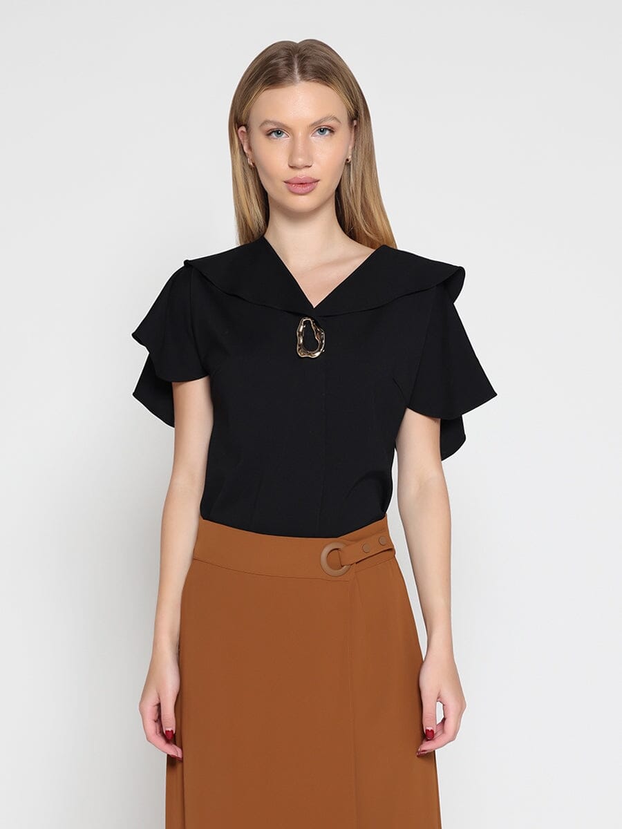 Ruffled neck & sleeve brooch detail solid top-4