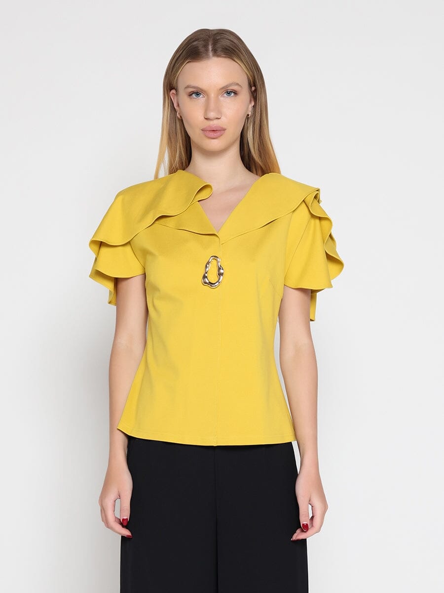 Ruffled neck & sleeve brooch detail solid top-0